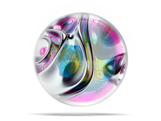 3d render of abstract art of 3d glass ball with surreal organic object inside in wavy curve shape in silver metal material with color lines parts in purple blue and yellow gradient color on white back