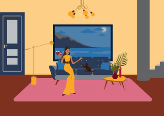 The Girl is Playing with a Cat in a Living Room Luxury Mansion Flat Illustration