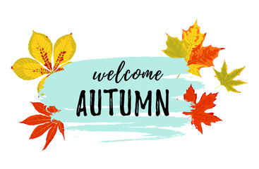 Text Welcome autumn with autumn leaves. Place for text. Vector illustration.