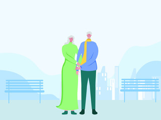 Happy elderly couple vector concept: old couple holding hands at the city park