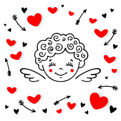 Funny cupid among hearts and arrows.  Cherub vector illustration. Design for web, prints, cards and banner. Valentine's day theme poster. 