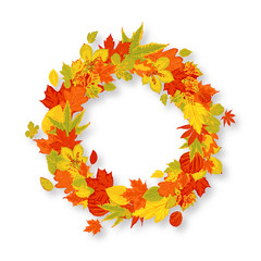 Seasonal decorative design element, autumn leaves wreath. Place for text. Great for flyer, party invitation, sale, wedding, web, fall festival. Vector illustration