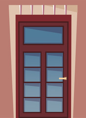 The illustration with an wooden front door and part of wall, house exterior building s facade element. Entrance to the room or shopping store, door with glass windows retro vector cartoon design