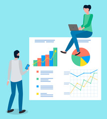 Project management and marketing planning strategy. Choosing way to attract customers. Teamwork business plan development. Woman with laptop and a man office workers analyzes demand on presentation