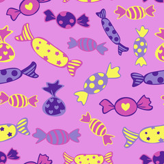 Vector seamless pattern of different candies in bright colors on a vivid purple background. Design concept for sweets shop.