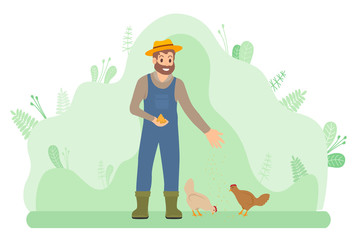 Bearded smiling farmer man in overalls feeds hens with grain. Man feeds poultry on green lawn. Agriculture and breeding birds. Self-sufficiency. Green background. Attraction and accumulation capital