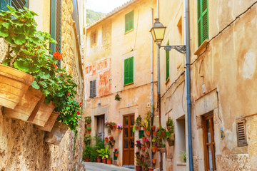 Street of Valldemossa old mediterranean village, landmark of Majorca, Spain island