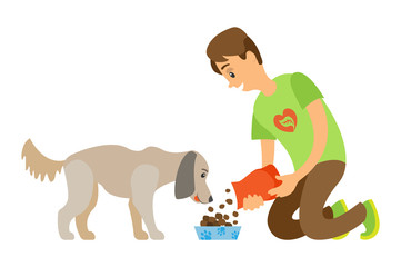Volunteer feeding homeless dog by dry food vector isolated cartoon style man and hungry puppy. Help to animal, pet in veterinary center or charity organization