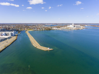 Aerial view of Derby Wharf Lighthouse in Salem Maritime National Historic Site at Salem Harbor in city of Salem, Massachusetts MA, USA. 
