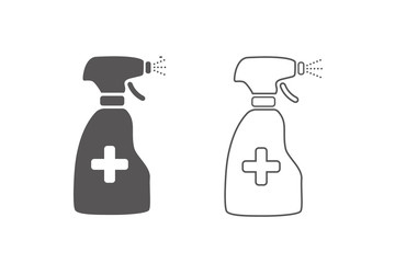 Anti-Bacterial Alcohol Agent, Sanitizer, Bottle Spray Flat Style Vector Line Icon Set