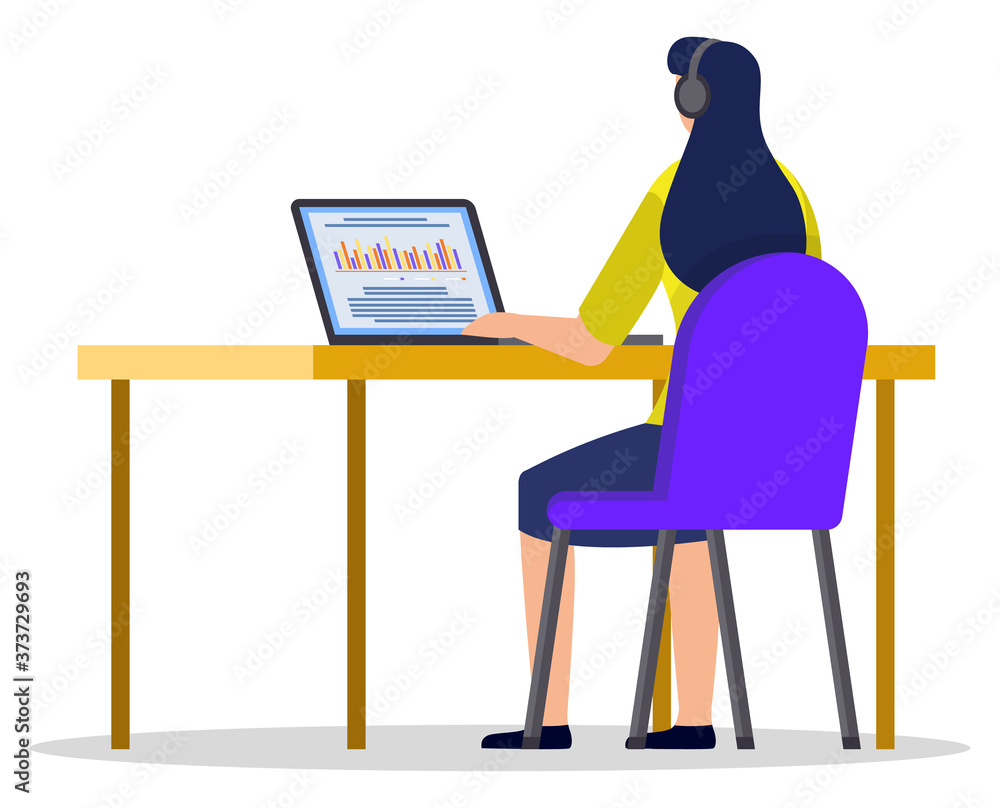 Poster woman sitting at desktop and communicating with laptop. female worker in headset working with comput