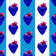 Pop art seamless pattern with strawberry Bright blue strawberries with pink leaves on striped two-tone backdrop