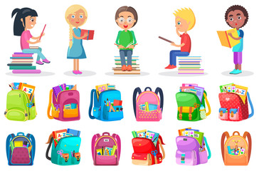 Smiling boy and girl reading book, educational object. School bag with pen and tassel, paints and notebook, pupils with textbook, student character vector. Back to school concept. Flat cartoon