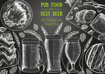 Pub food frame vector illustration. Beer, chicken wings, roast beef, grilled meat hand drawn. Food set for pub design top view. Vintage engraved illustration for beer restaurant.