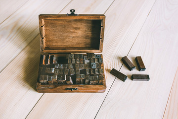 Letterpress alphabet Template for poster and banner with copy space Wooden case with metal American...