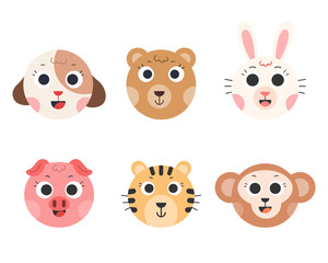 Cute animals vector. Animal cartoon face. Dog, Bear, Rabbit, Pig, Tiger, Monkey. Vector illustration.