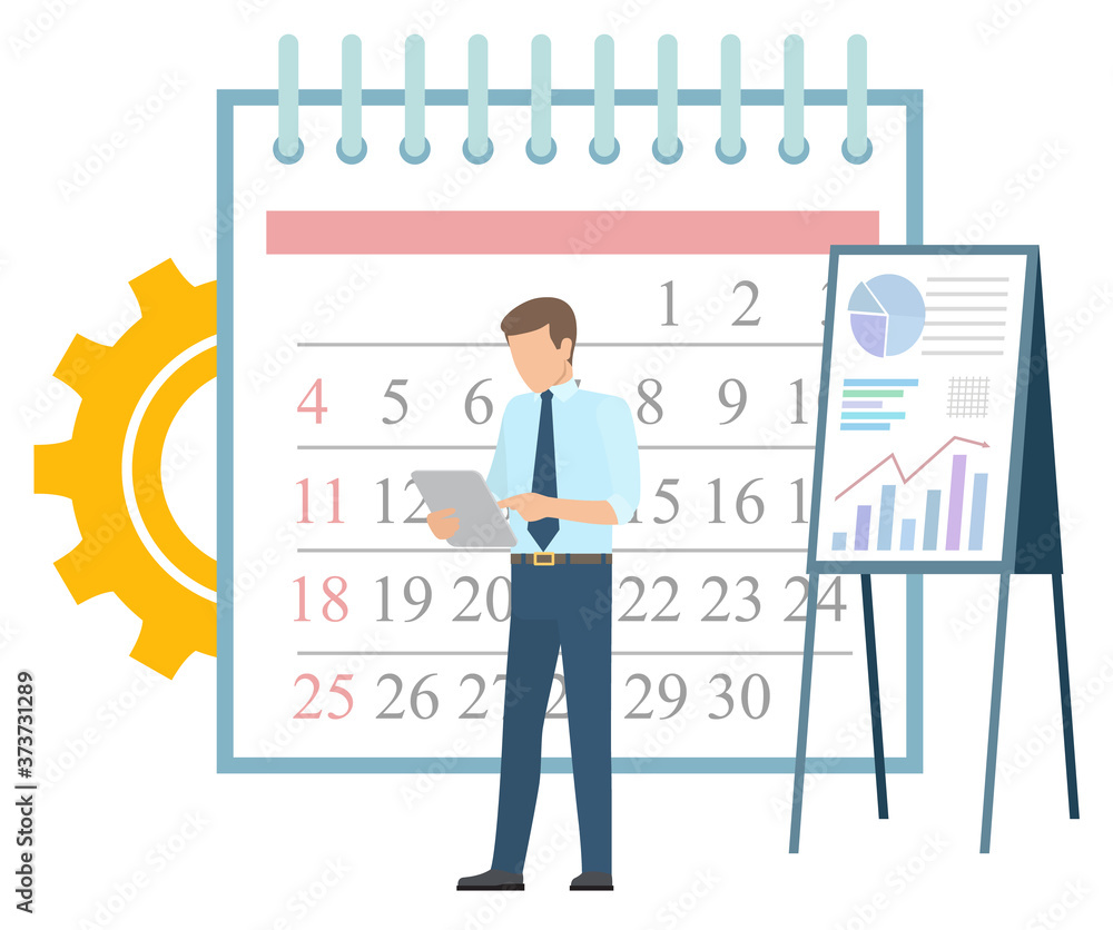 Poster presentation on board vector, calendar with dates and events. time management, businessman working o