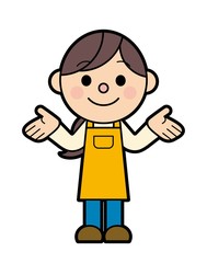 両手を広げるエプロン姿の女性