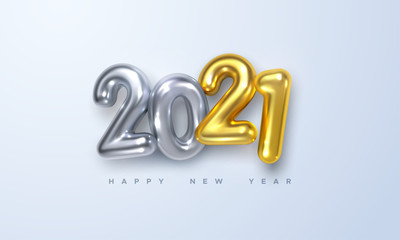 Happy New 2021 Year. Holiday vector illustration of silver and golden metallic numbers 2021. Realistic 3d sign. Festive poster or banner design