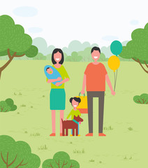 Happy family walks on nature with child, daughter and dog. Mom, dad, newborn in her arms, daughter and dog are walking in park or forest. Dad holds balloons. Parent couple with children. Outdoor Fun