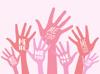 Women hands with #Metoo hashtag word. Me too movement. Anti sexism protest against inappropriate behavior towards women. Vector illustration.