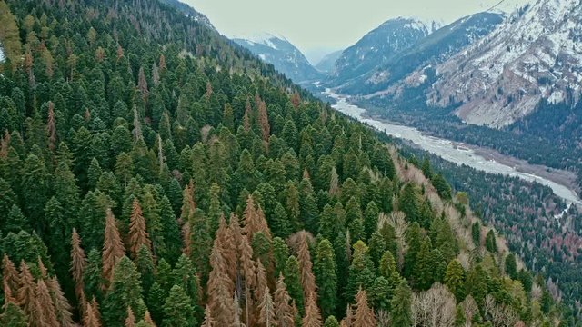 Snow capped mountains in the fog, a valley with a river and a green forest