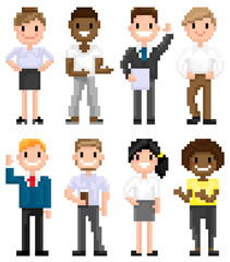Pixel art characters, man wearing suit and tie, 8 bit game isolated character, hipster male with cup of coffee in plastic mug, friends set, people officer and citizen, for business or education games