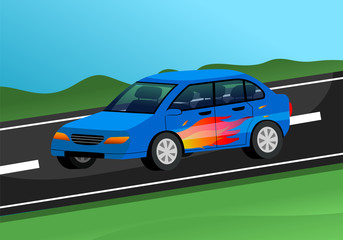 Obraz na płótnie Canvas Sports car racing on the highway on natural landscape background. Blue car patterned flame of fire on a side door rides on the asphalt road flat vector illustration. Frame from computer racing game