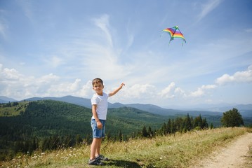 Young boy flies his kite in an open field. a pictorial analogy for aspirations and aiming high
