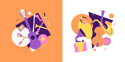 Raster version illustration. Banners design concept of music instruments. Colorful abstract shapes template. 