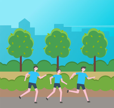 Training in the urban park. People running in the city green park. Group of young sportsmen training. Sport activity, outdoor exercises. Trees, benches, bushes. City landscape. Flat vector image