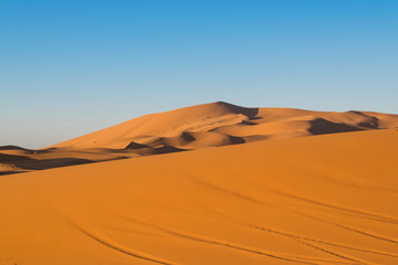 panorama delle dune del deserto di merzouga in marocco, all'alba, con cielo azzurro e sabbia arancio