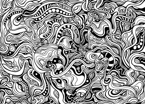 Black and white abstract decorative intricate pattern with many detail and lines coloring page.