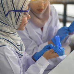 Asian woman scientist wearing blue gloves in a laboratory close up, concept fo health care.