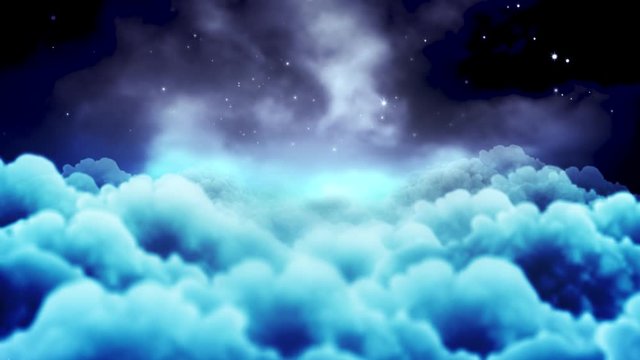 blue sky with clouds. Blue xmas night with moon and clouds . magic night blue sky stars. space to place logo or copy. Animated Christmas present greeting postcard 4k video.