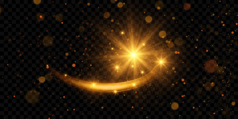Golden light effect, magical sparkles, glowing particles  isolated on dark transparent background	
