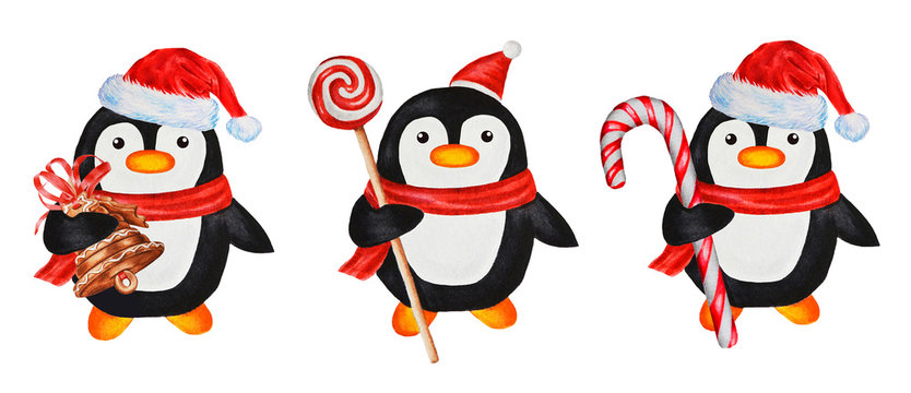 Three Penguins in a Santa hat with different sweets in their hands. Winter character. Watercolor illustration, hand drawn.