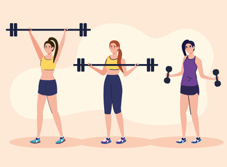Fototapeta na wymiar women doing exercises with weight bar outdoor, sport recreation concept vector illustration design