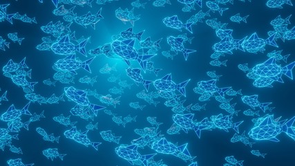 Technogenic background with neon school of fish