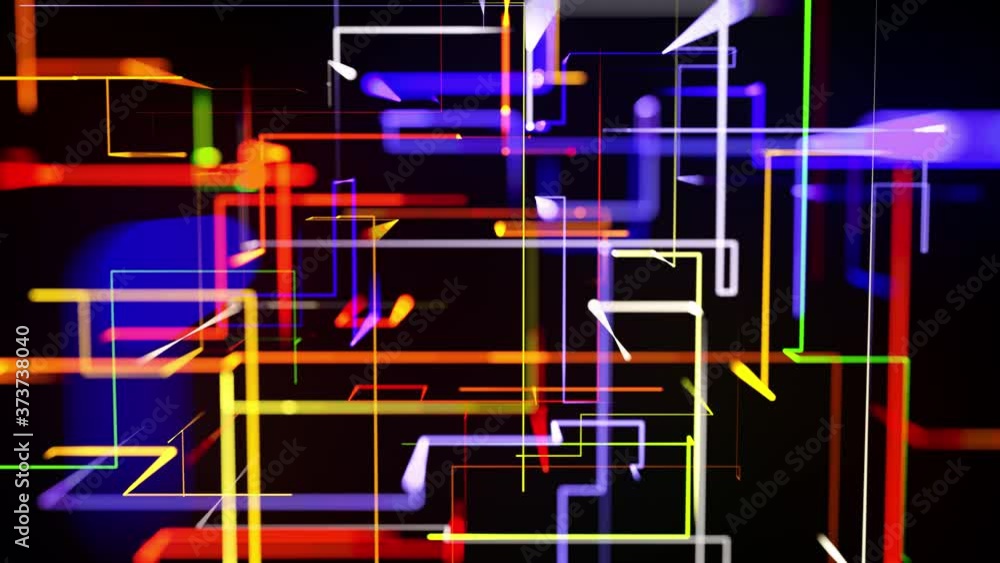 Poster motion graphics, sci fi bg with stream of multicolor neon glow lines form digital 3d space. connecti