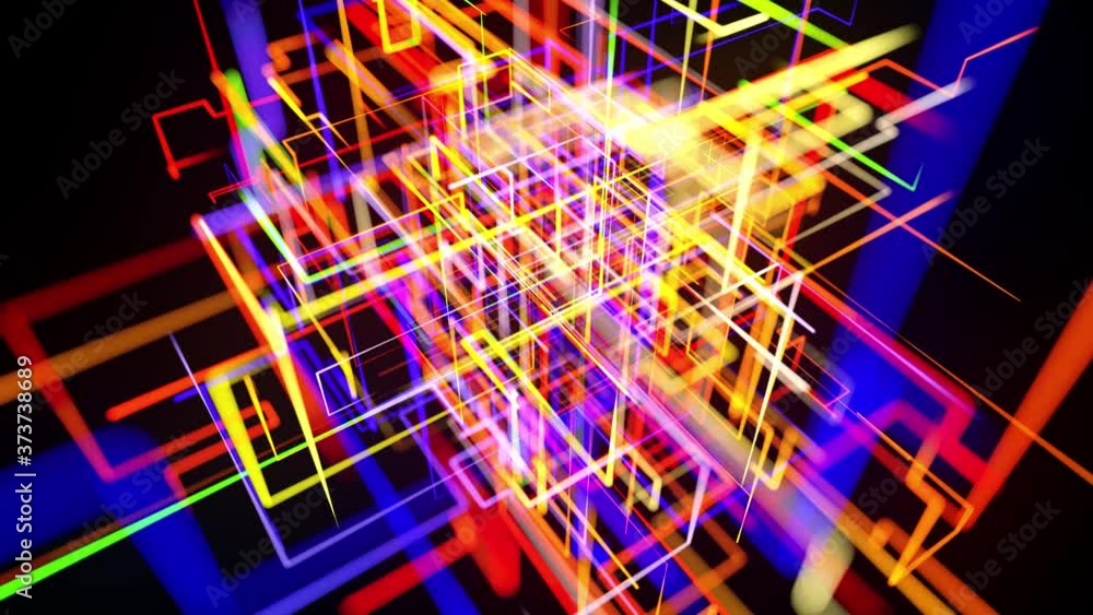 Aufkleber motion graphics, sci fi bg with stream of multicolor neon glow lines form digital 3d space. connecti