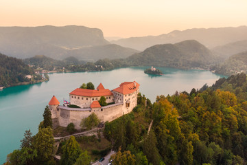 Fototapeta na wymiar Aerial view of Lake Bled and the castle of Bled, Slovenia, Europe. Aerial drone photography.