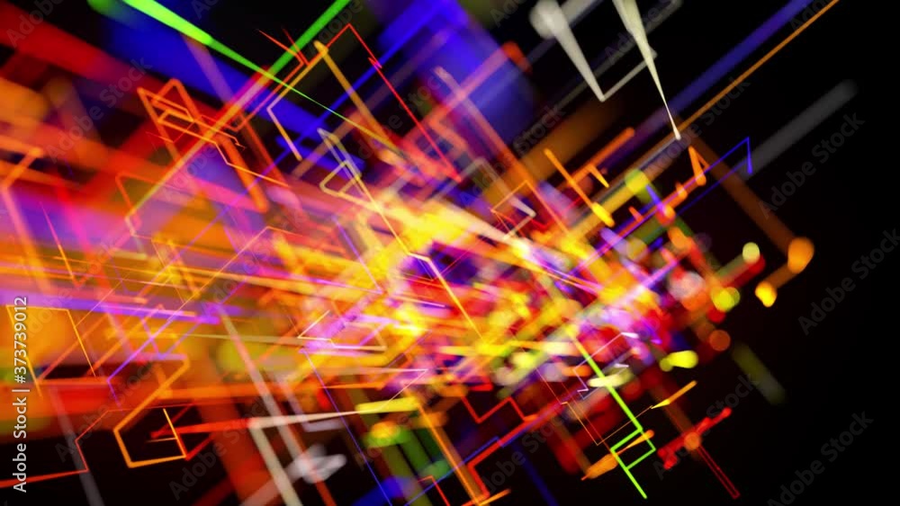 Poster motion graphics, sci fi bg with stream of multicolor neon glow lines form digital 3d space. connecti