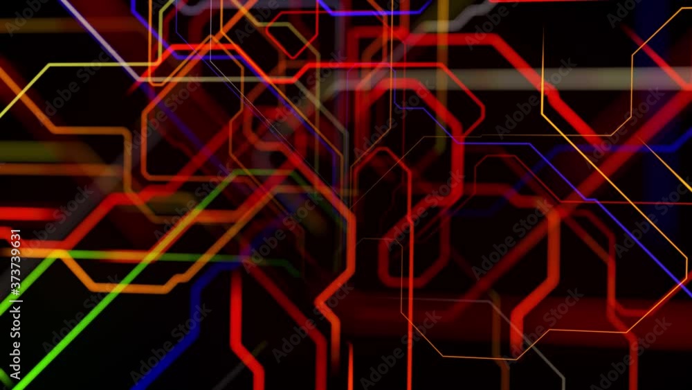 Aufkleber motion graphics, sci fi bg with stream of multicolor neon glow lines form digital 3d space. connecti