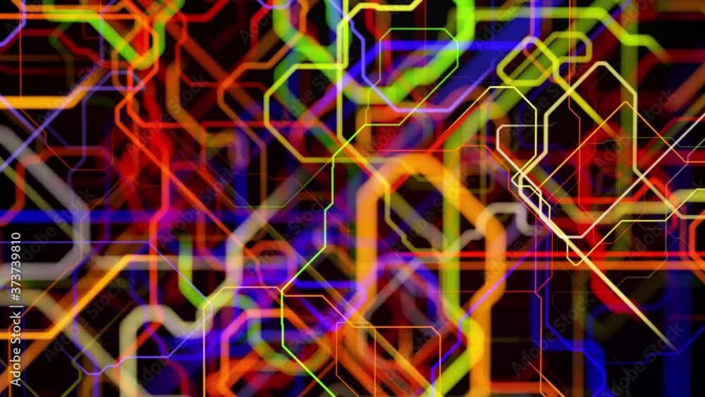 Poster motion graphics, sci fi bg with stream of multicolor neon glow lines form digital 3d space. connecti