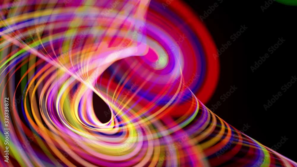 Poster stream of multicolored neon lines form spiral shape, curls and pattern. light flow bg in 4k. abstrac