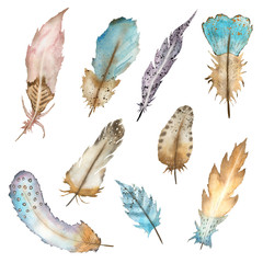 Watercolor illustration of a set of colorful feathers hand-drawn with watercolors and suitable for all types of designs.