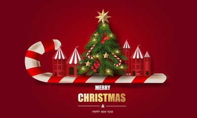 Merry Christmas and Happy New Year. Town and Christmas tree on candy canes in red background.