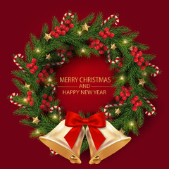 Fototapeta na wymiar Merry Christmas and Happy New Year. Illustration of Christmas wreath made by tree branches with Christmas bells, bow, berries, candy canes and decoration in red background. 