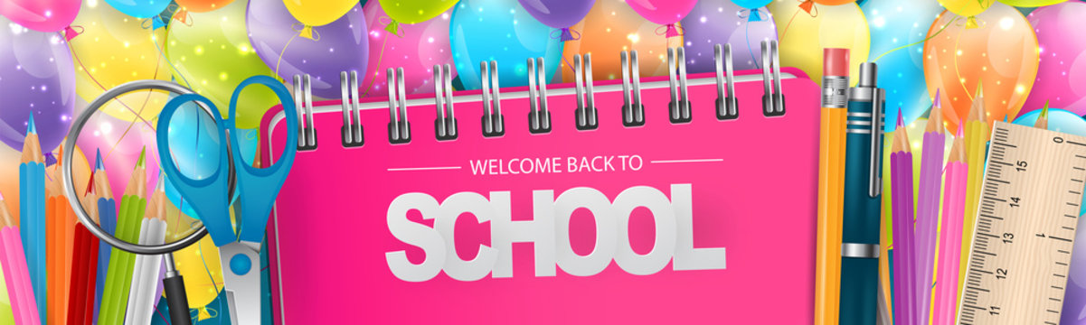 Welcome back to school banner or website header with realistic education supplies. Vector illustration.
